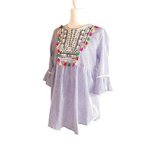NEW Floral Embroidered 100%Cotton Boho Striped Tunic size  L